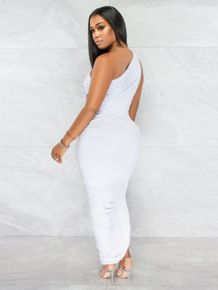 One Shoulder Sleeveless Backless Ruched Maxi Dress