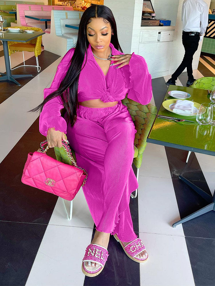 Two Piece Pleated Long Sleeve & Long Pants