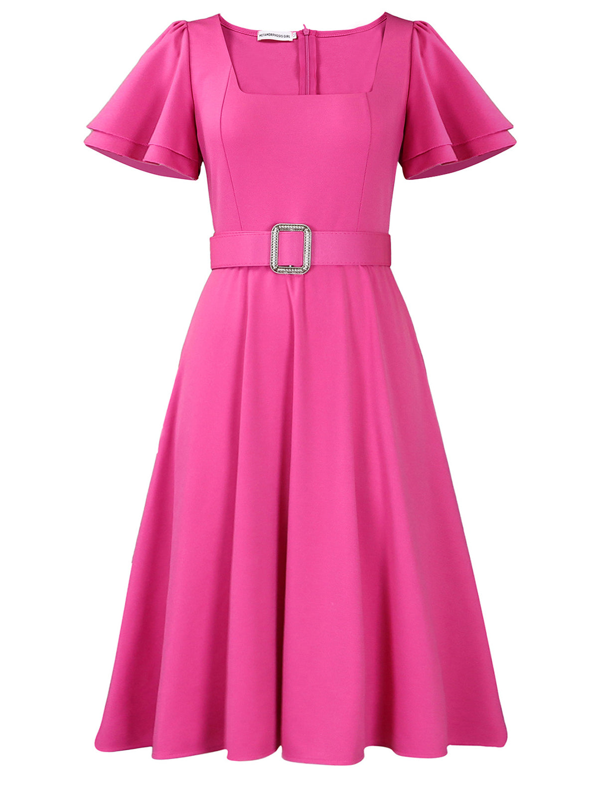 Flared Sleeve Square Neck Midi Dress with Belt