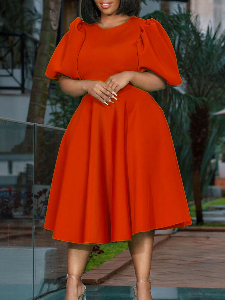 Puff Sleeve Solid Ruched Bodycon Midi Dress