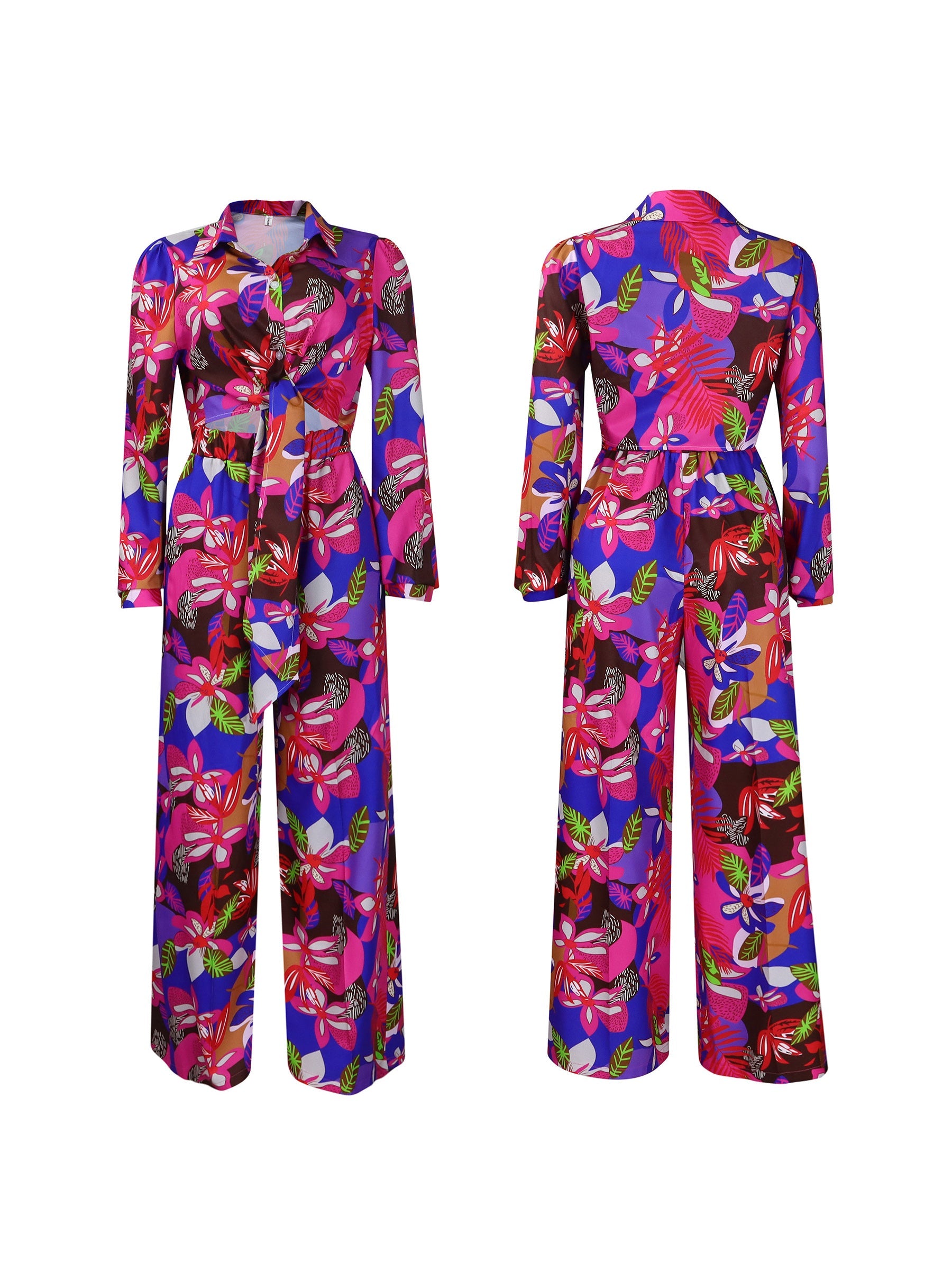 Printed Two-Piece Set with Collar Tie Shirt & Wide-Leg Pants