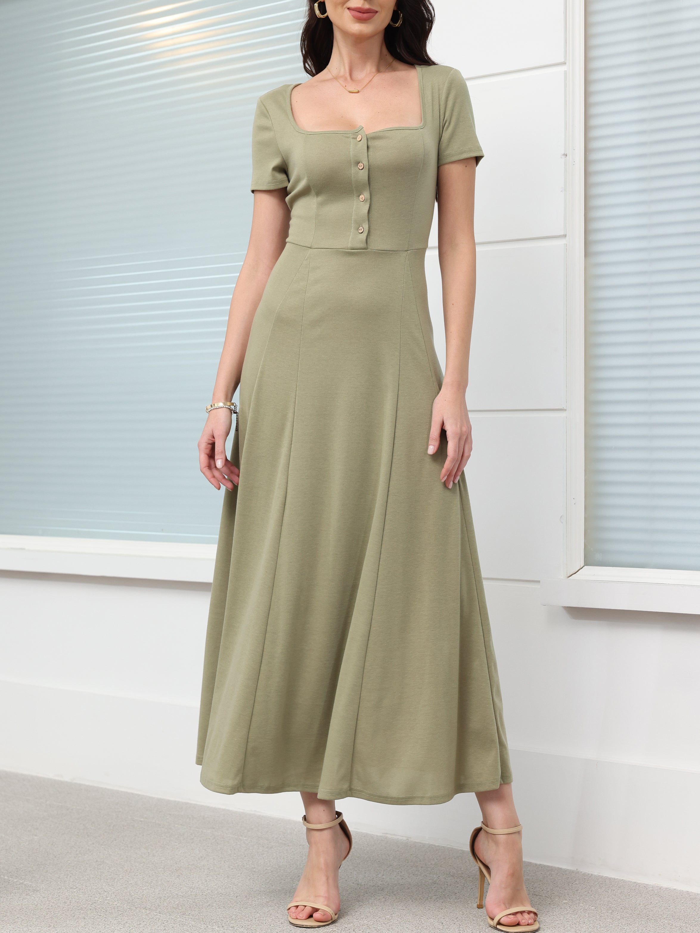 Square Neck Button-Up Solid Color Maxi Dress