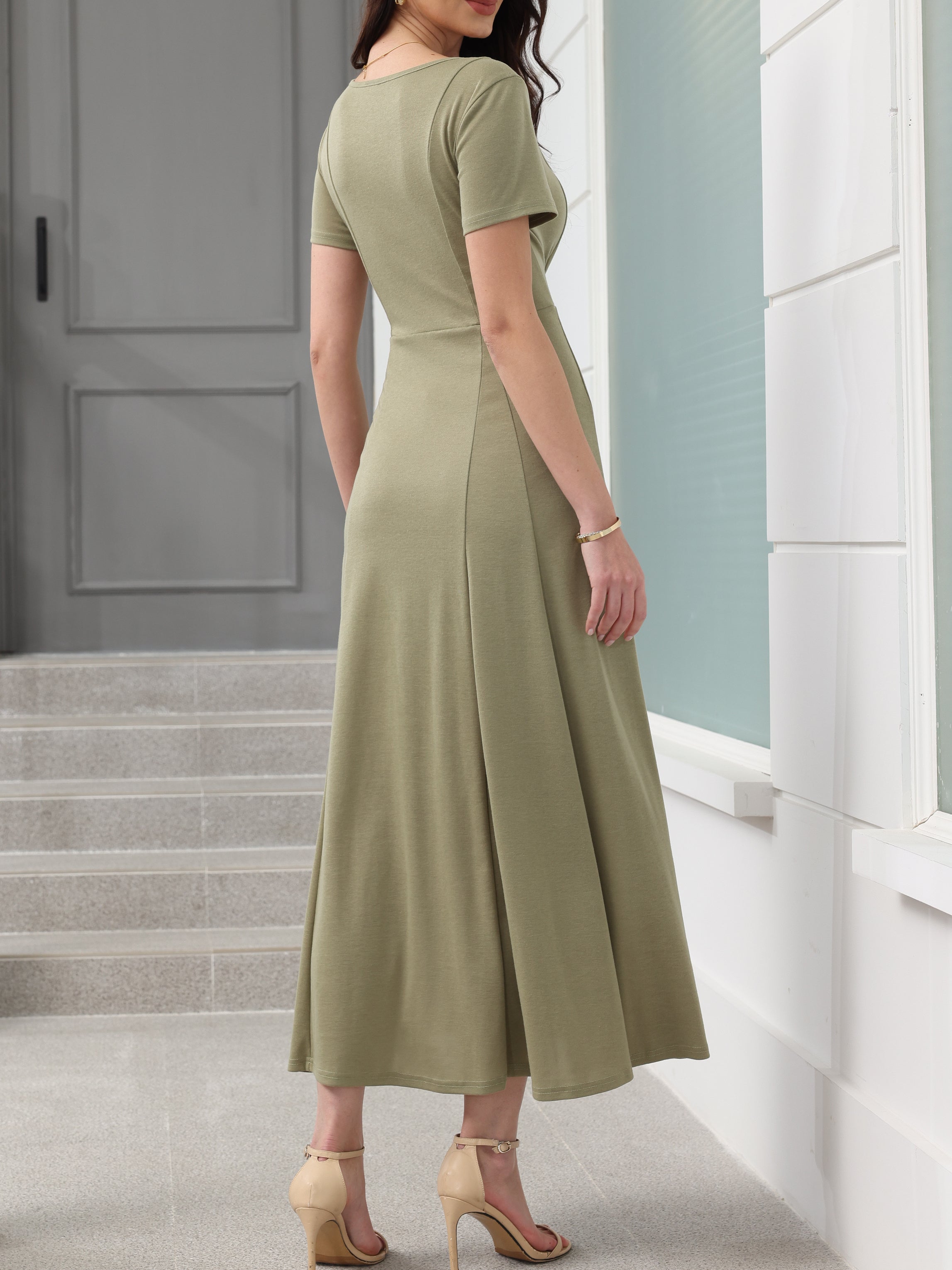 Square Neck Button-Up Solid Color Maxi Dress