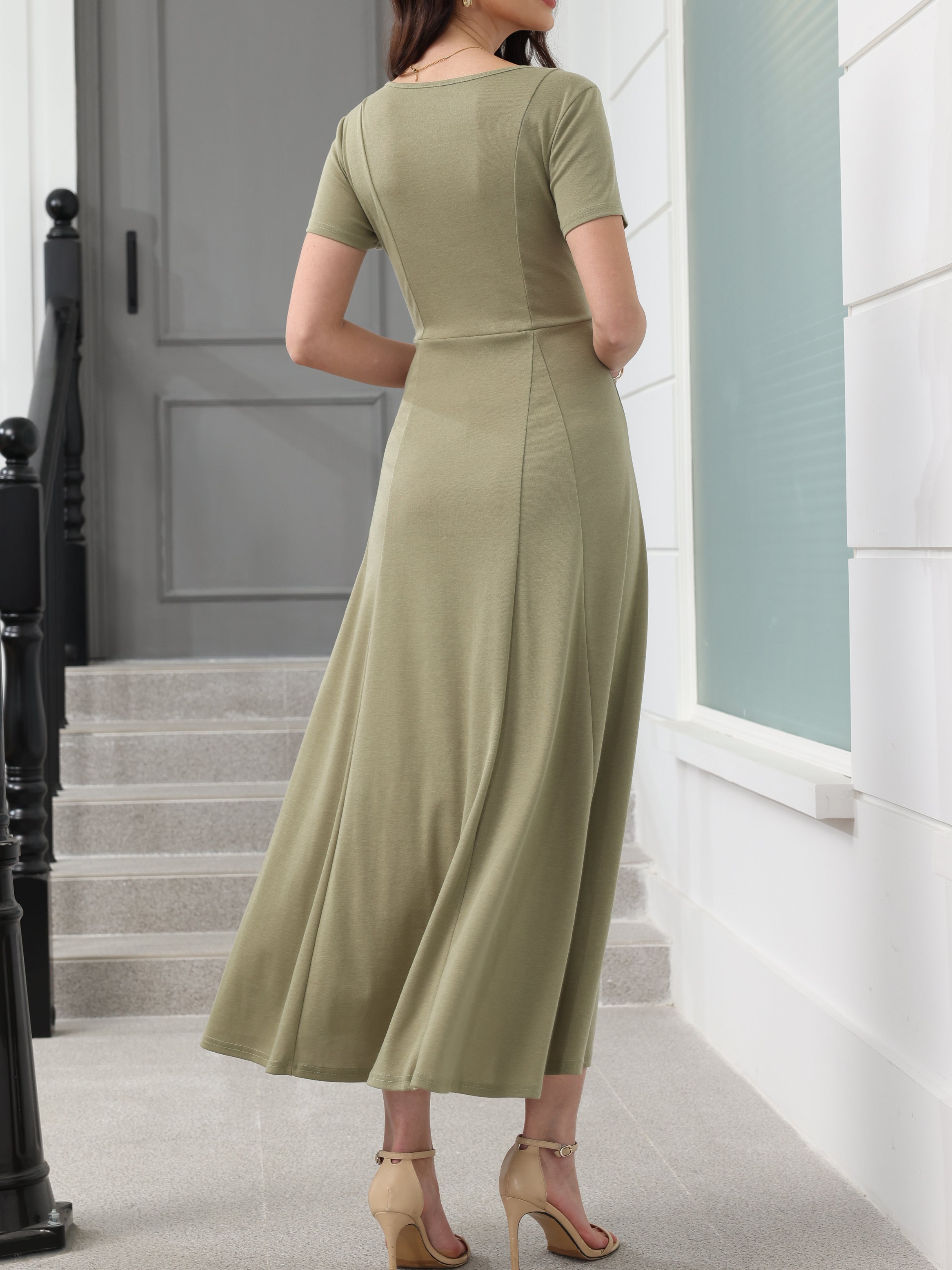 Square Neck Button-Up Solid Color Maxi Dress
