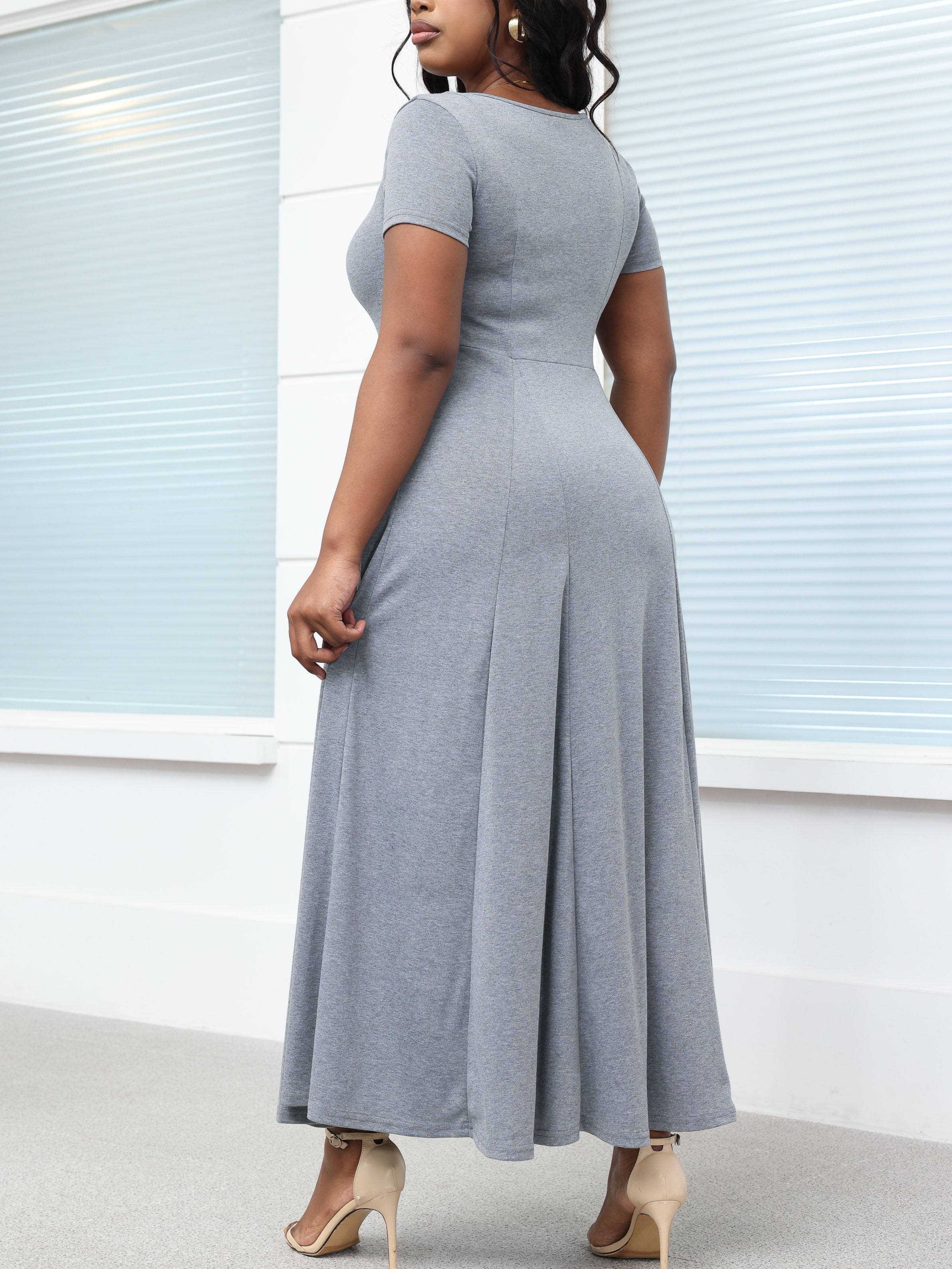 Square Neck Button-Up Solid Color Maxi Dress