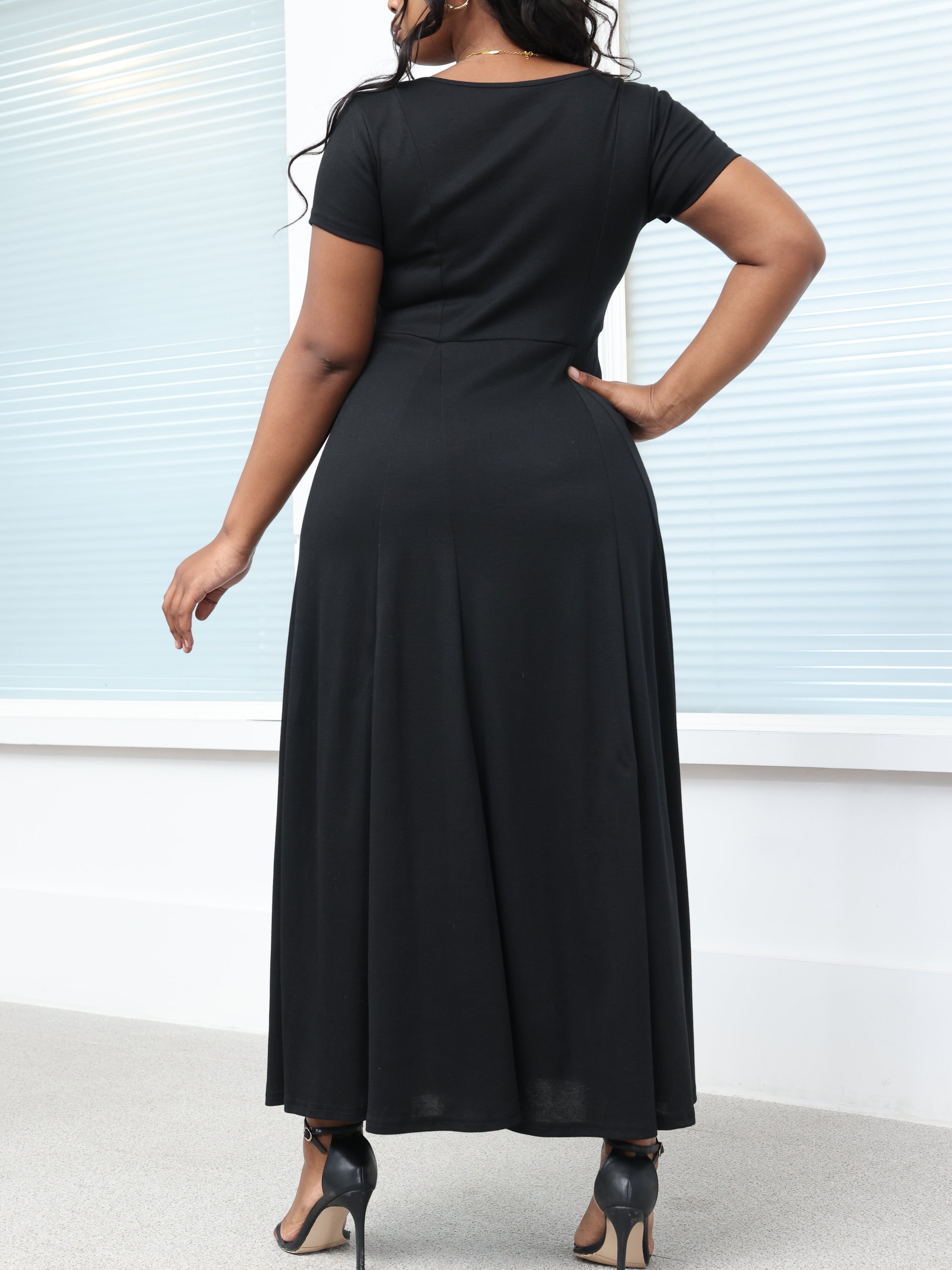 Square Neck Button-Up Solid Color Maxi Dress