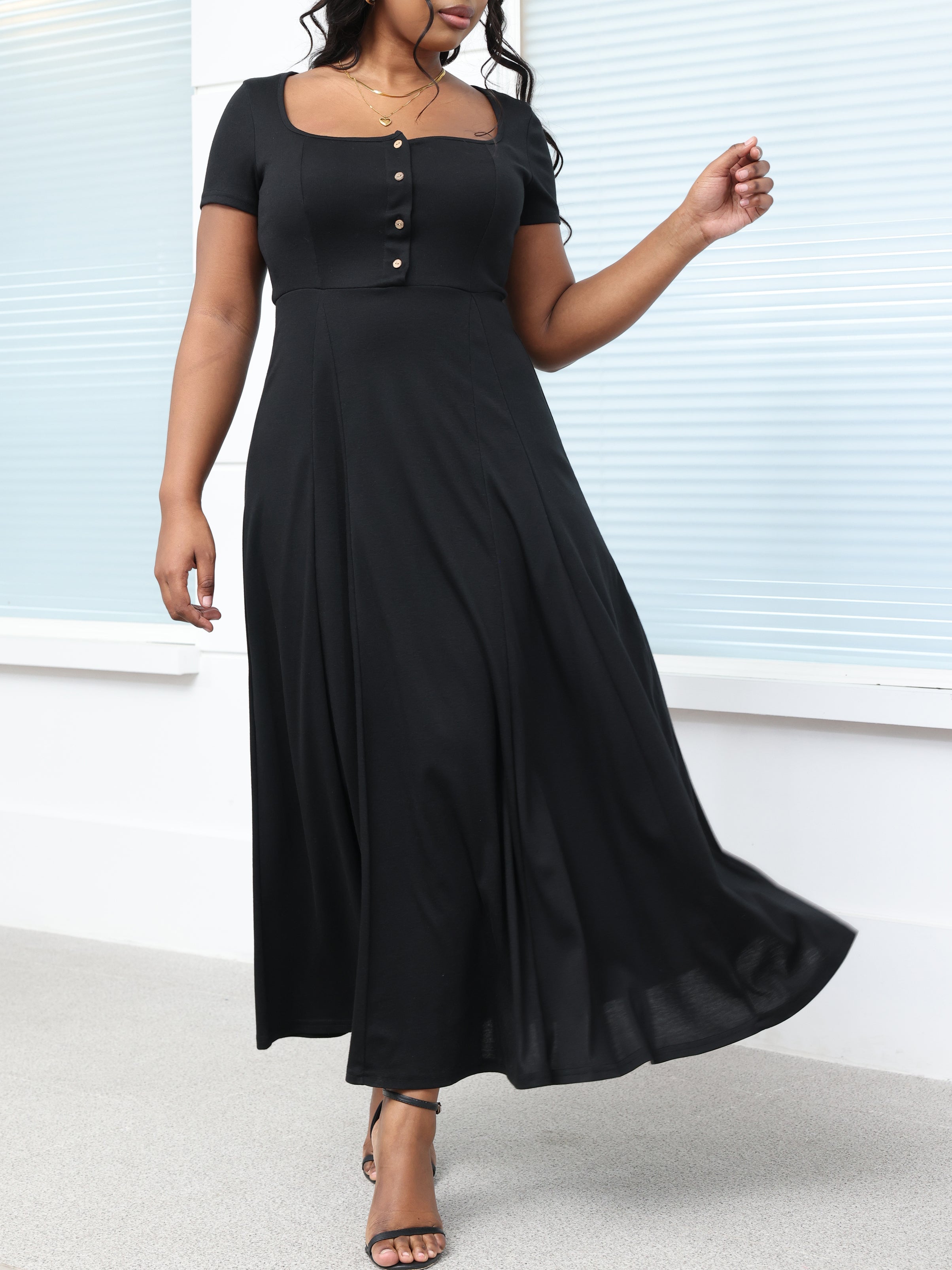 Square Neck Button-Up Solid Color Maxi Dress