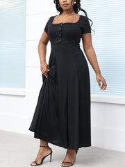 Square Neck Button-Up Solid Color Maxi Dress