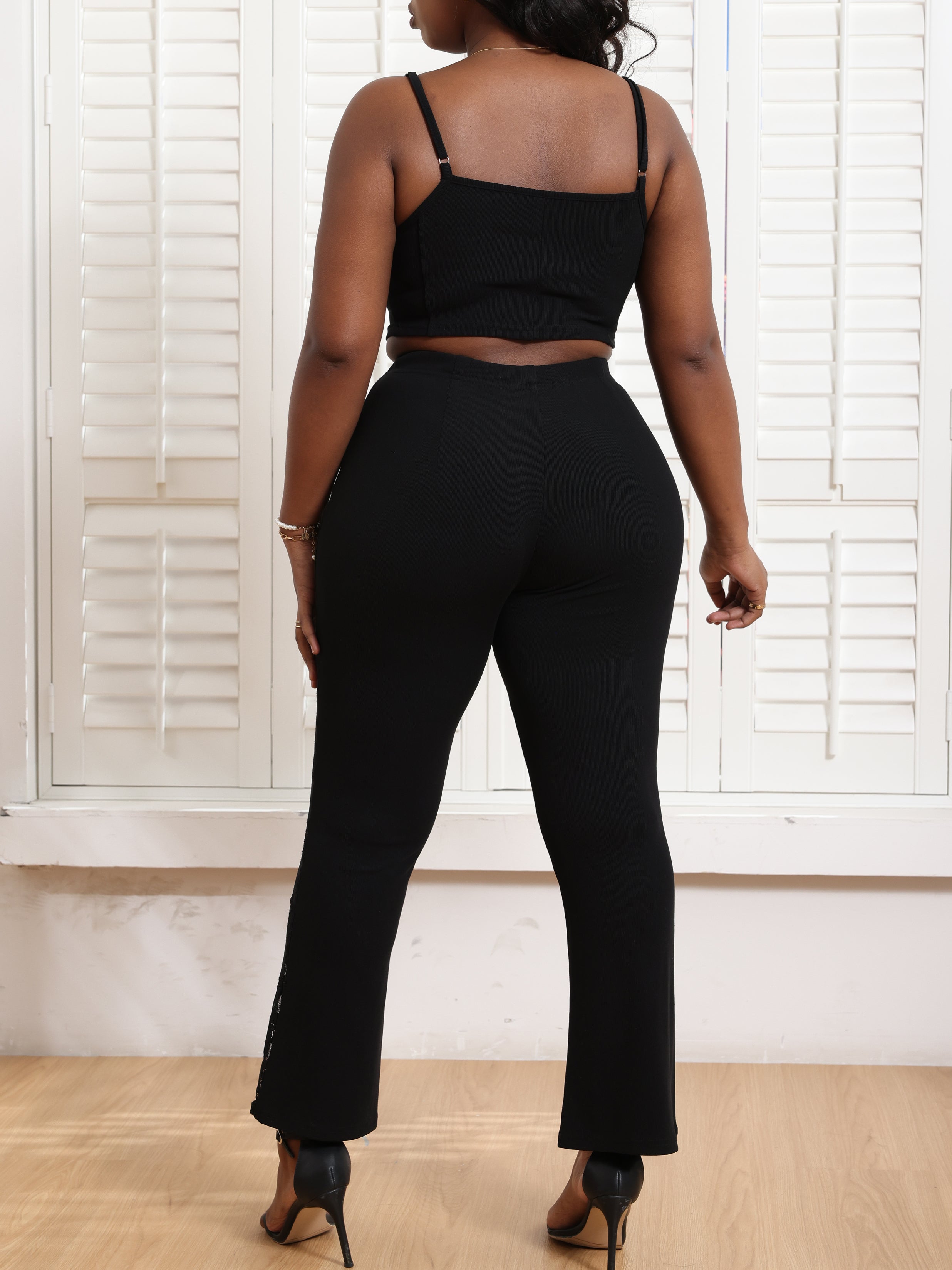 Lace Spaghetti Strap Crop Top Patchwork Pants