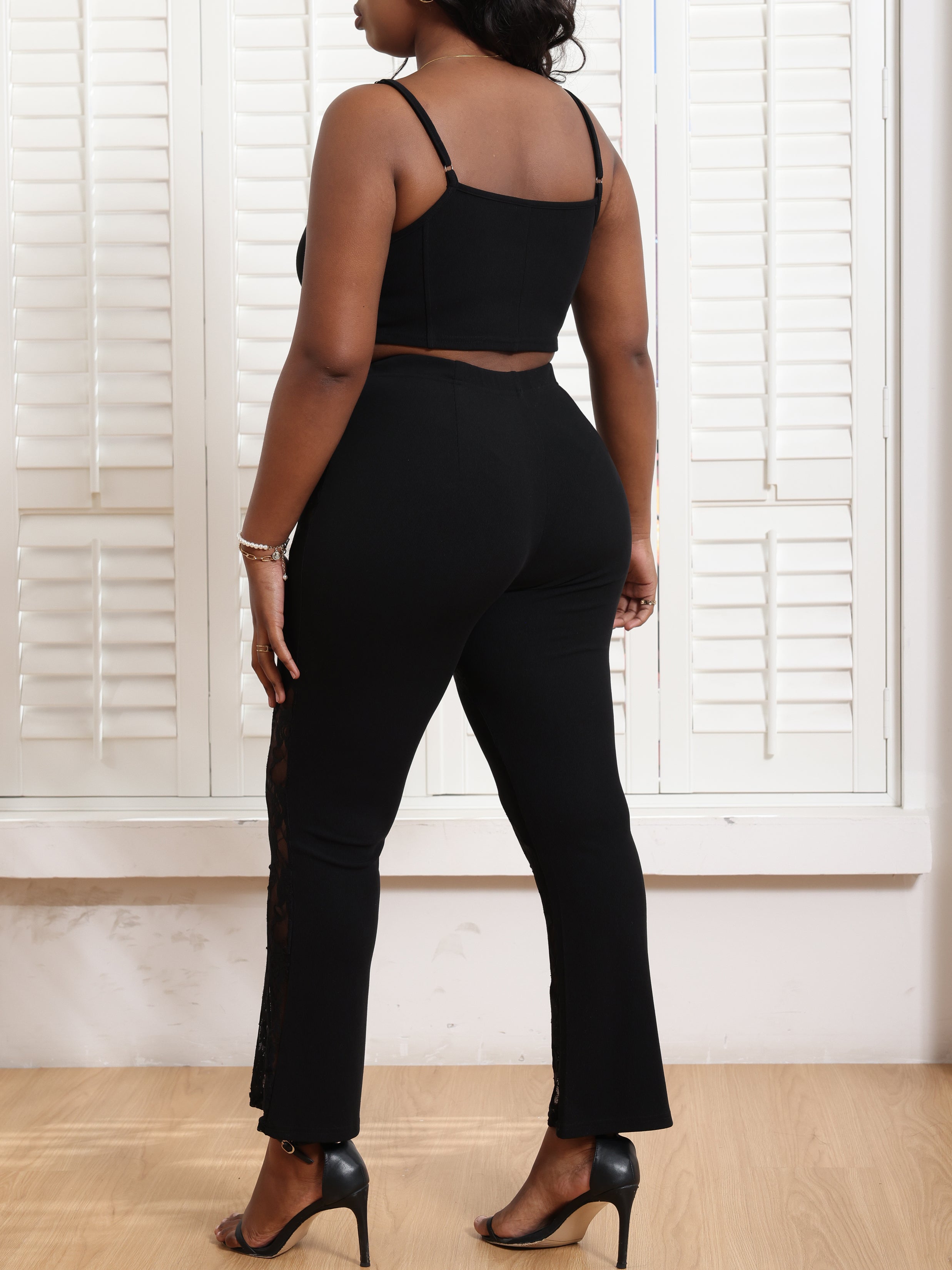 Lace Spaghetti Strap Crop Top Patchwork Pants