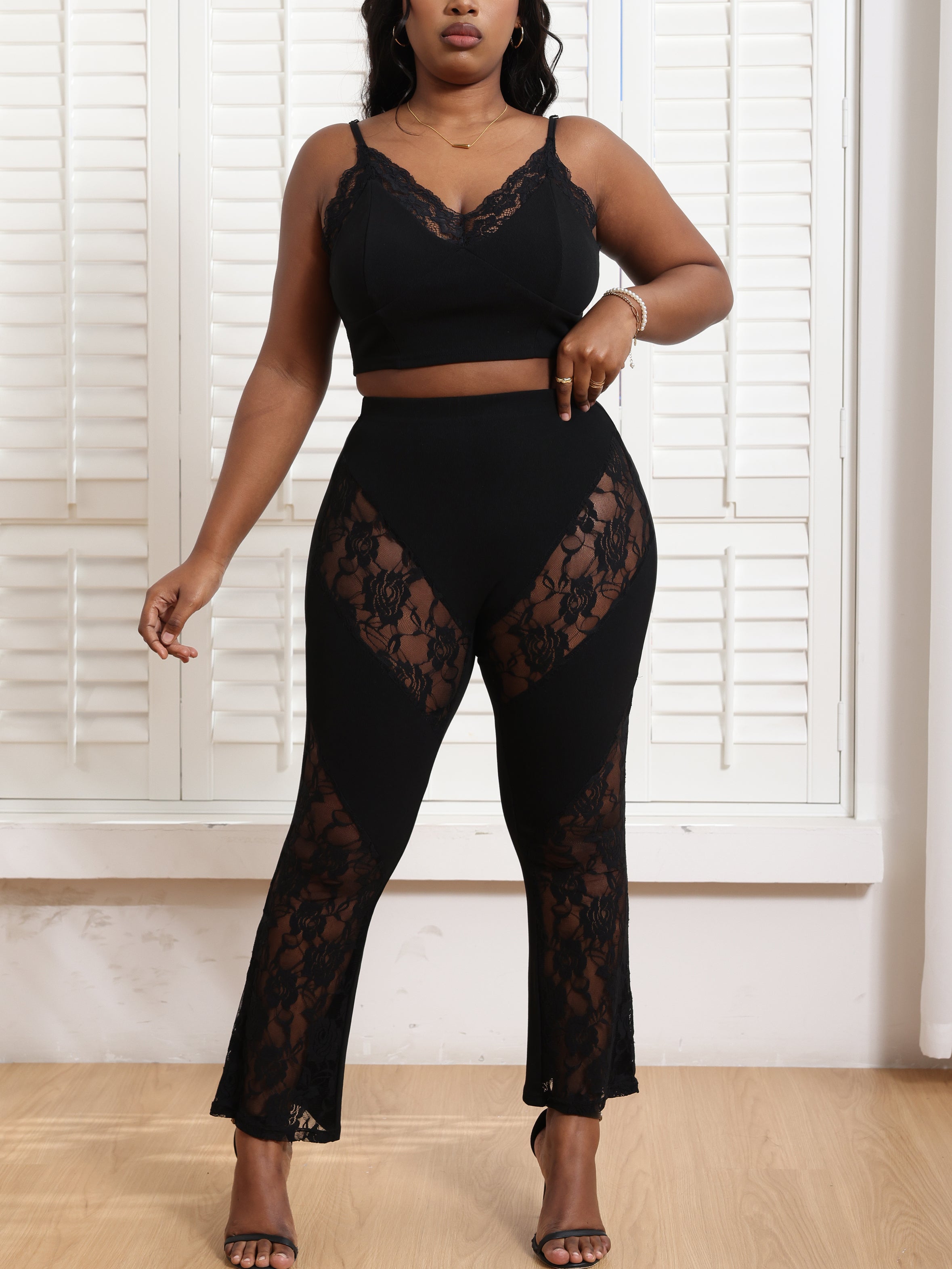 Lace Spaghetti Strap Crop Top Patchwork Pants