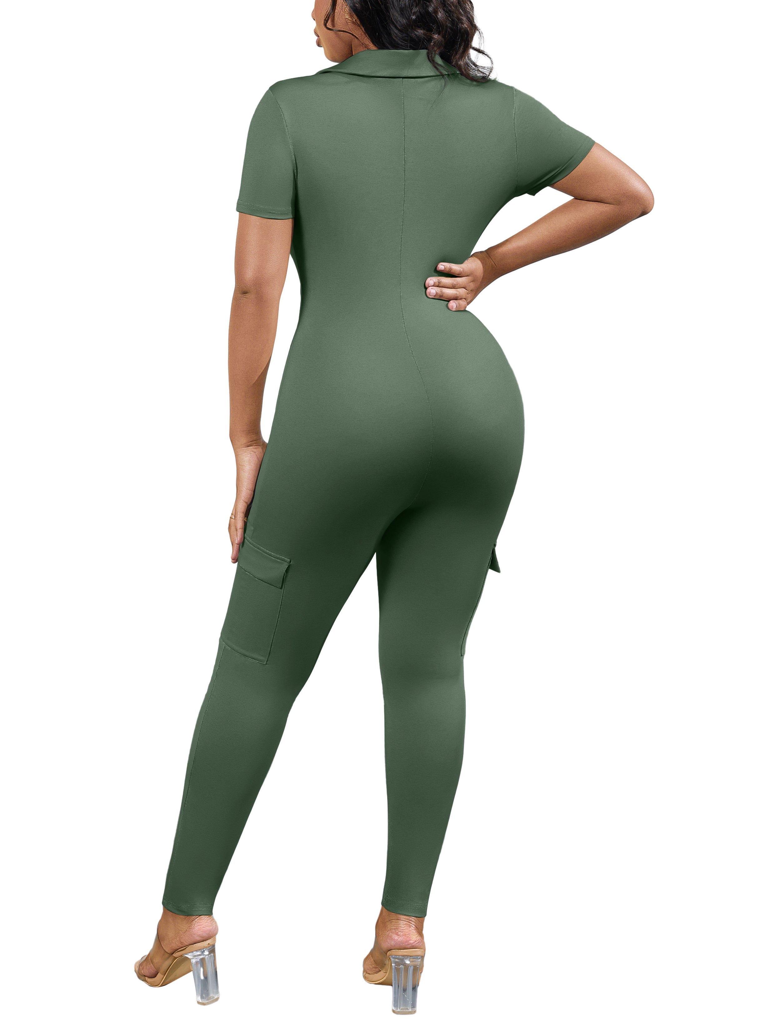 V-Neck Solid Color Bodycon Jumpsuit