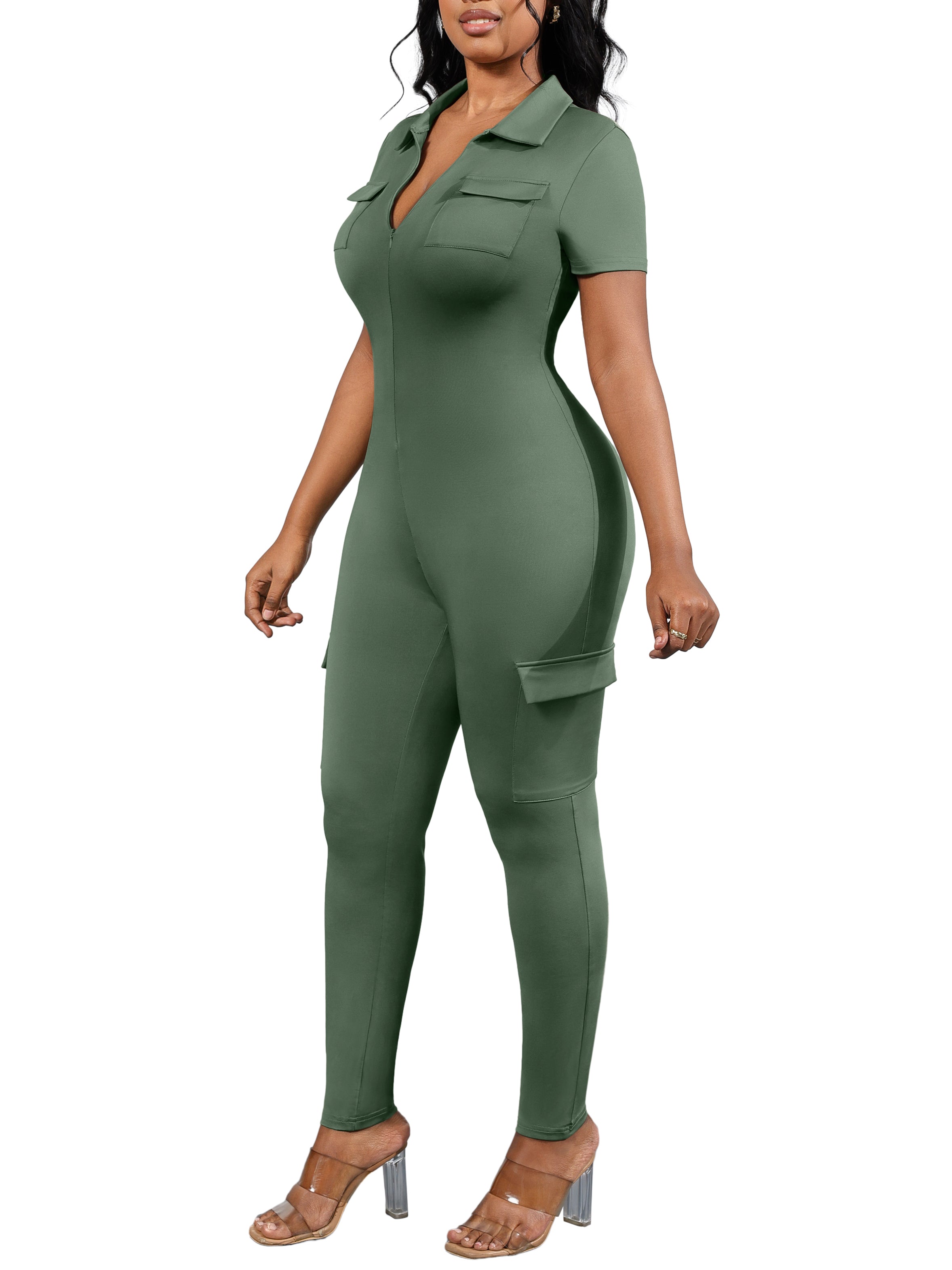 V-Neck Solid Color Bodycon Jumpsuit