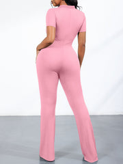Ribbed Knit Zipper Solid Color Jumpsuit