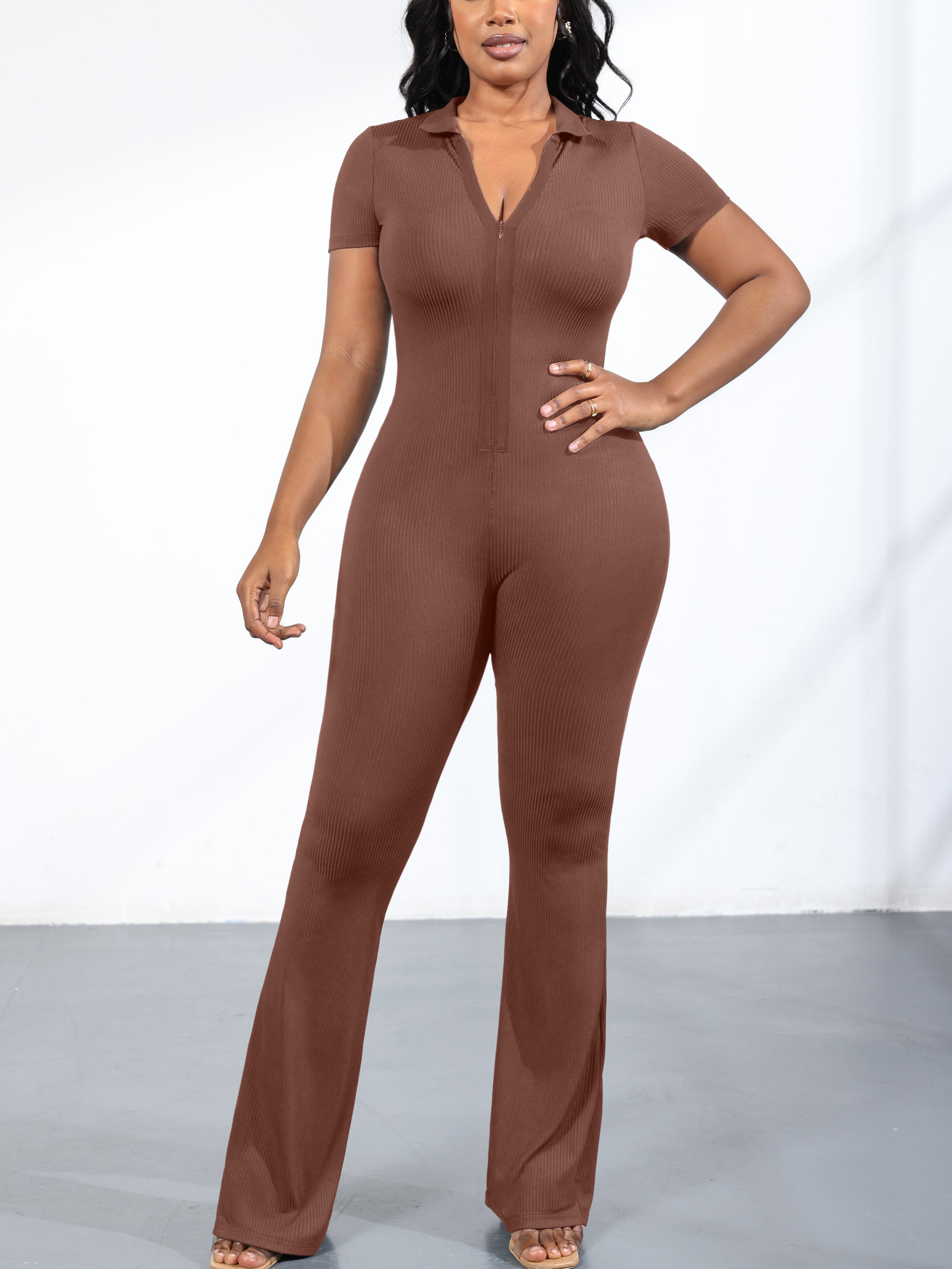 Ribbed Knit Zipper Solid Color Jumpsuit