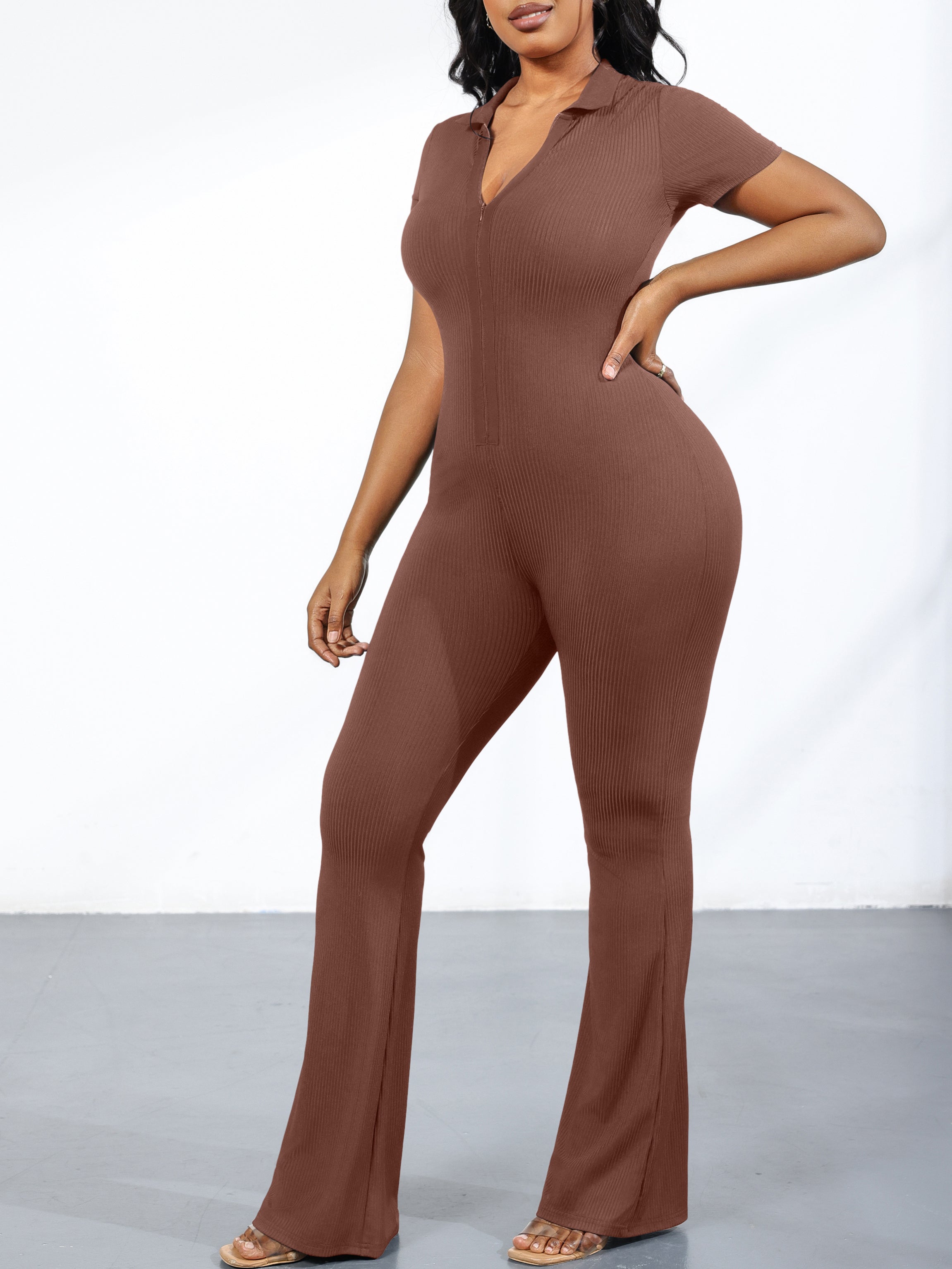 Ribbed Knit Zipper Solid Color Jumpsuit