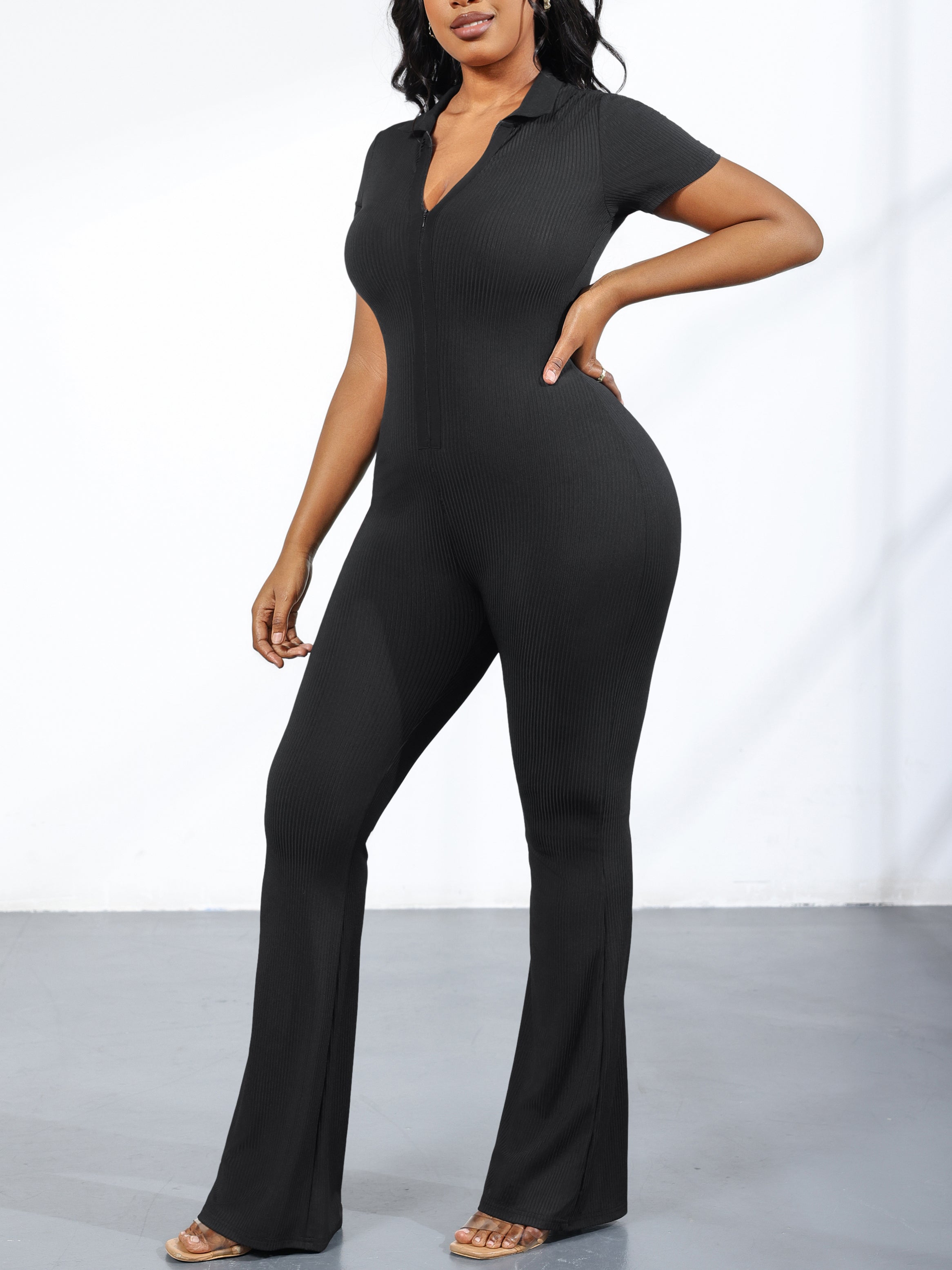 Ribbed Knit Zipper Solid Color Jumpsuit