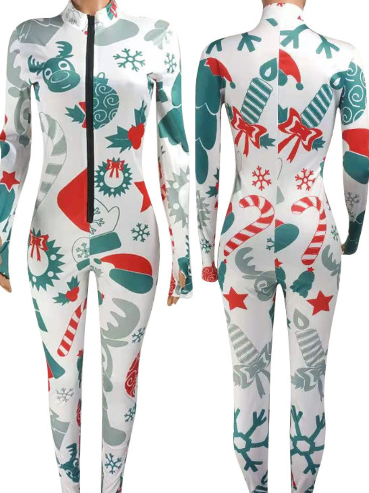 Christmas Print Zip-up Long Sleeve Jumpsuit