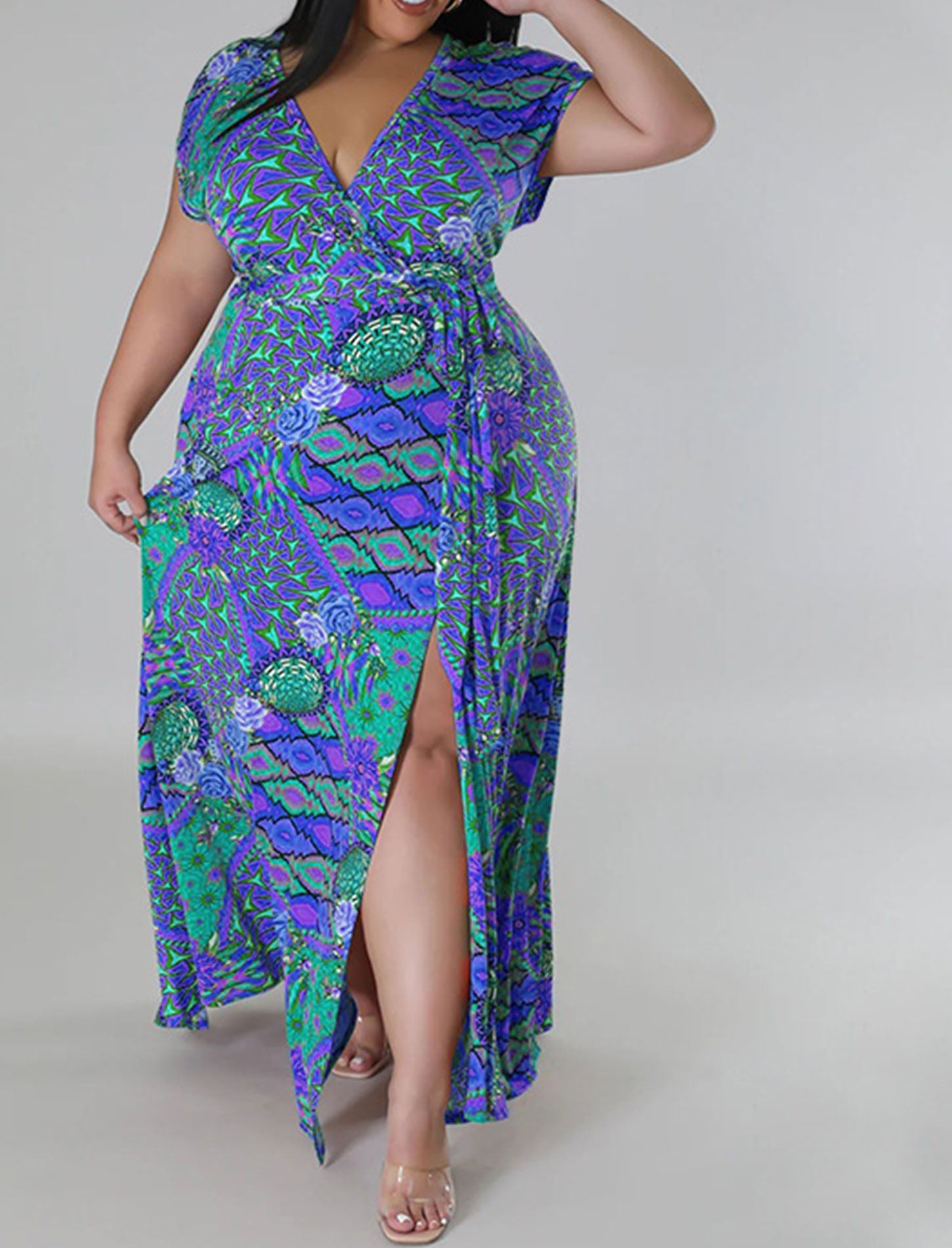 Plus Size Floral Print Split Maxi Dress