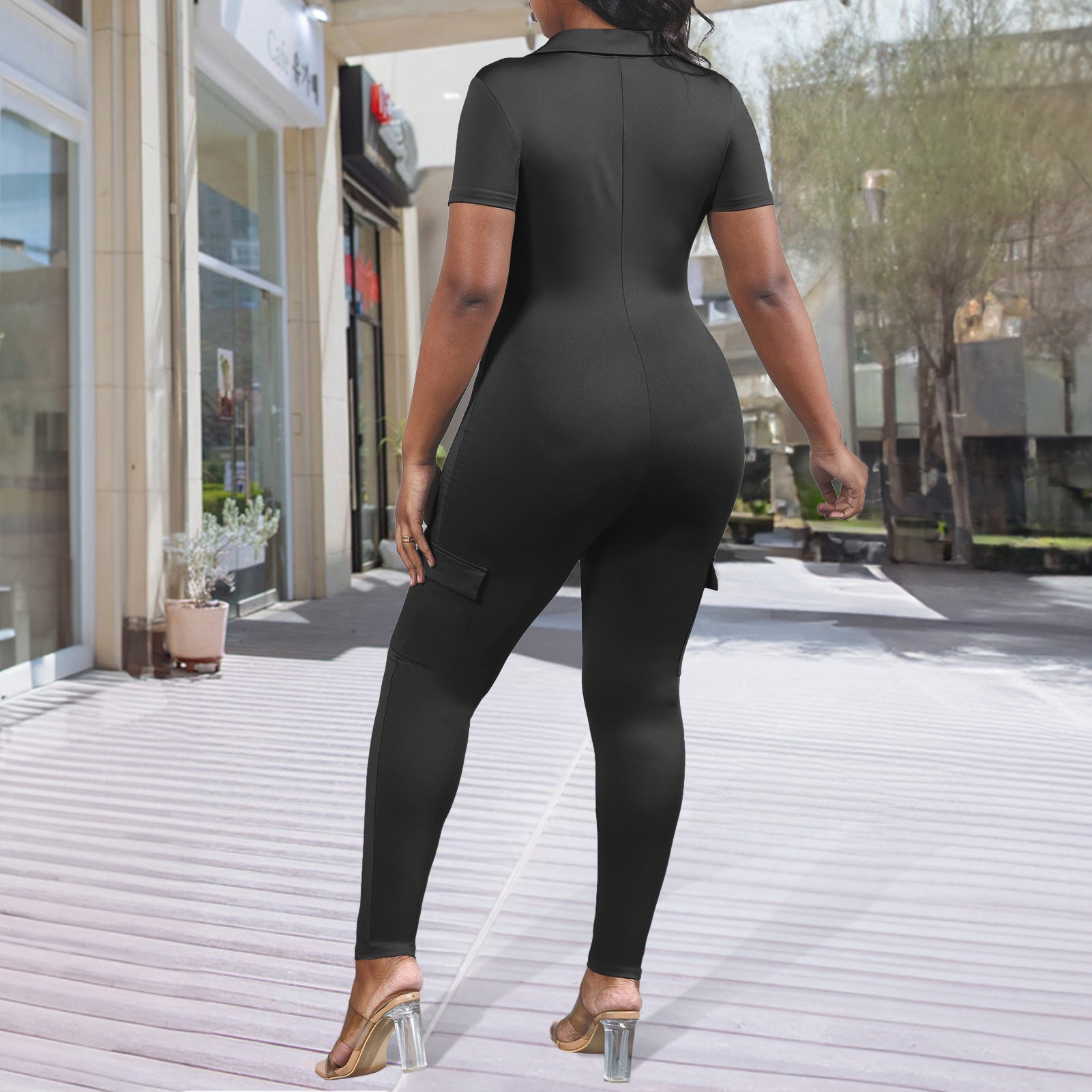 V-Neck Solid Color Bodycon Jumpsuit