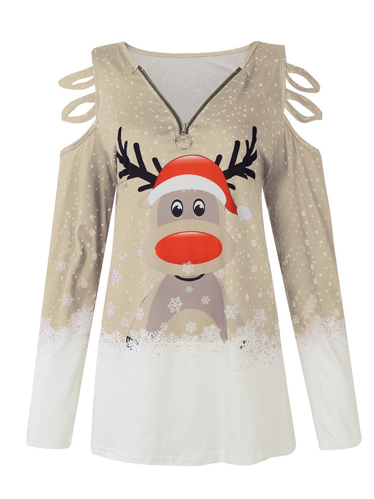 Christmas Plus Size Long Sleeves Elk Print Top