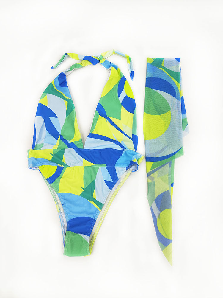 Two Piece Geometric Sleeveless Halter Neck Swimsuit