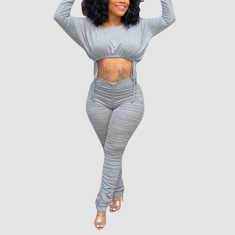 Drawstring Crop Top Pleated Pant Set