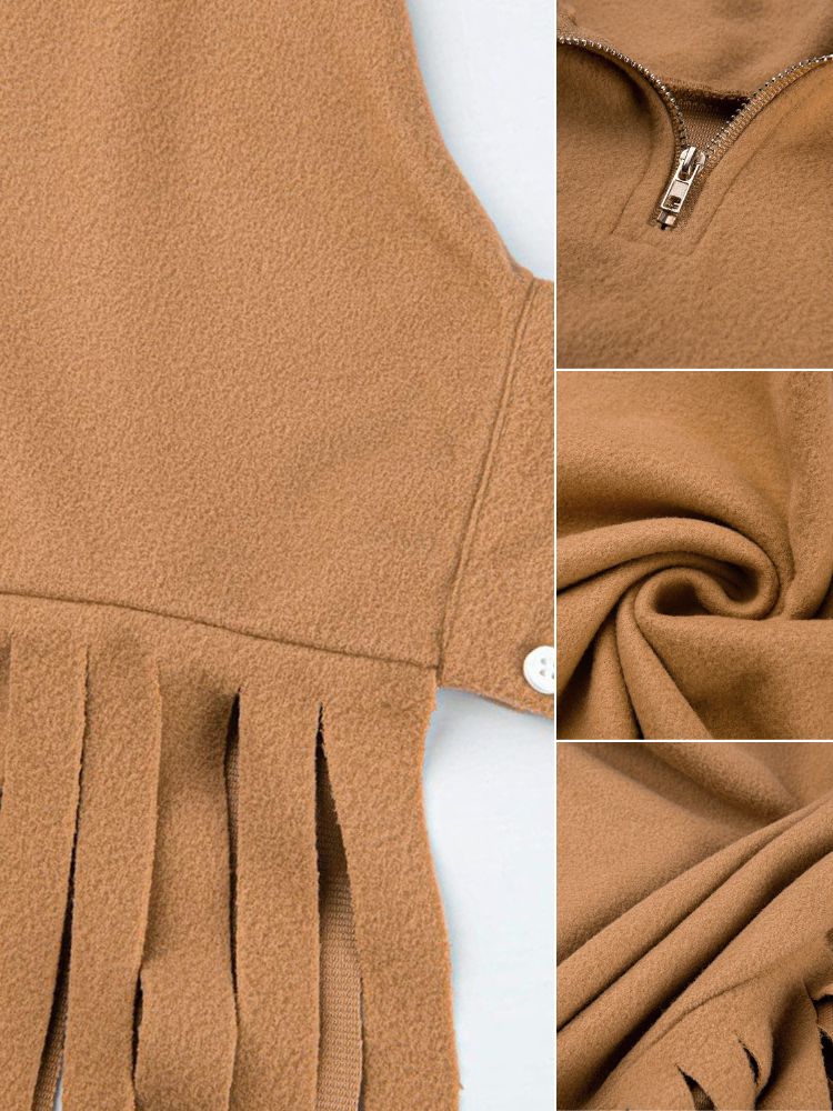 Batwing Sleeve Zipper Tassel Ponchos Top