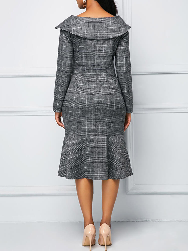 Long Sleeve Plaid Print Midi Dress