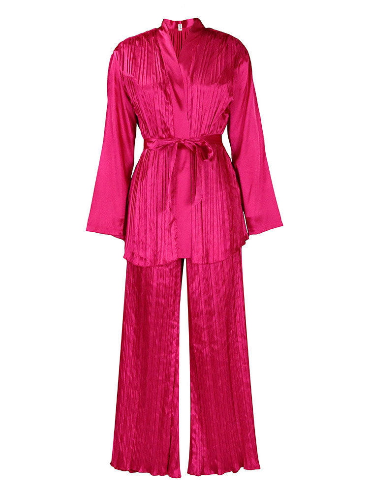 Pleated Long Sleeve Shirt and Pants Set with Belt