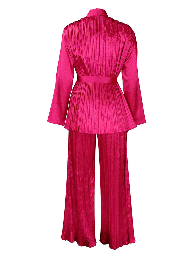Pleated Long Sleeve Shirt and Pants Set with Belt