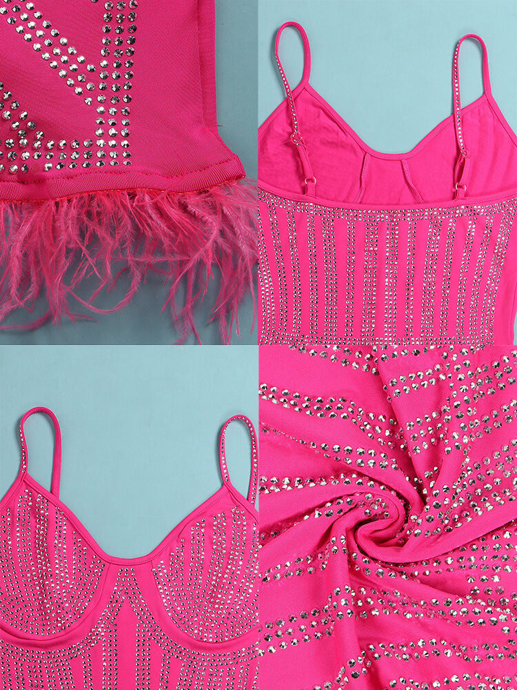 Spaghetti Strap Rhinestone Feather Mini Dress