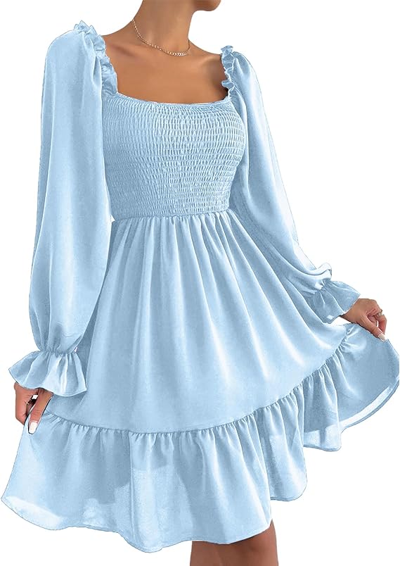 Square Neck Puff Sleeve Ruffle Hem Dress