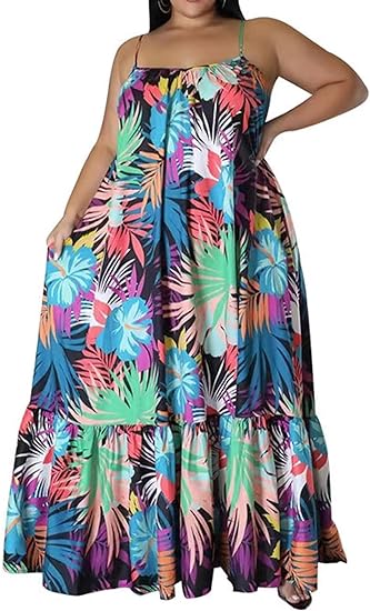 Plus Size Sleeveless Floral Print Ruffle Maxi Dress
