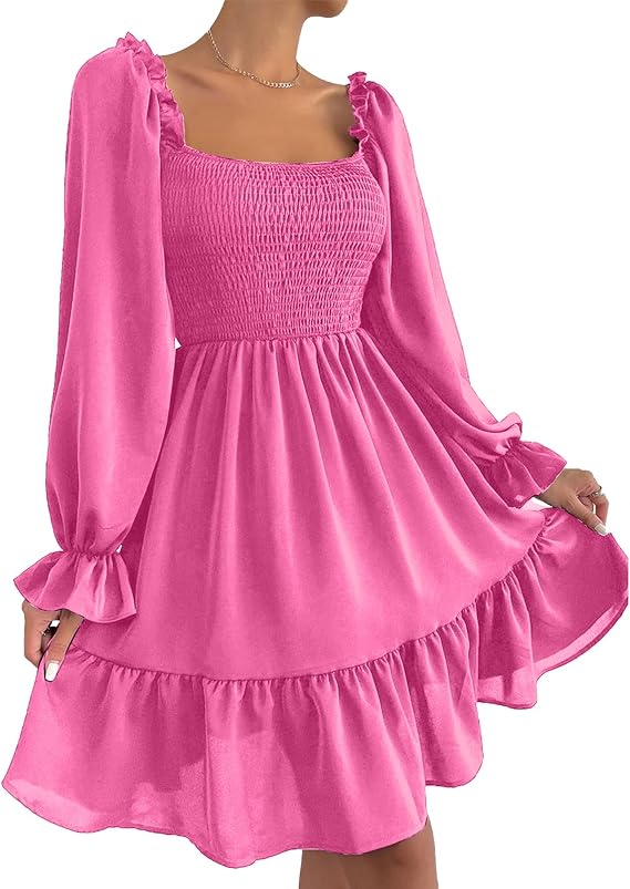 Square Neck Puff Sleeve Ruffle Hem Dress