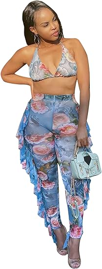 Two Piece Cropped Top Ruffled Trousers