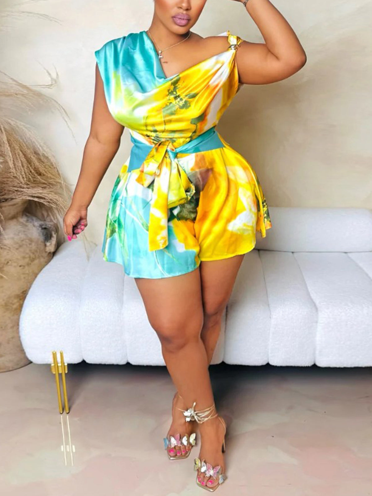 Asymmetric Tie Dye Cutout Romper