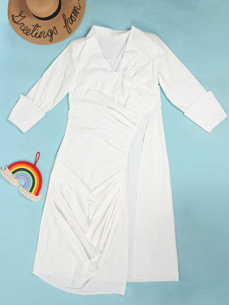 Long Sleeve V Neck Ruched Split Top