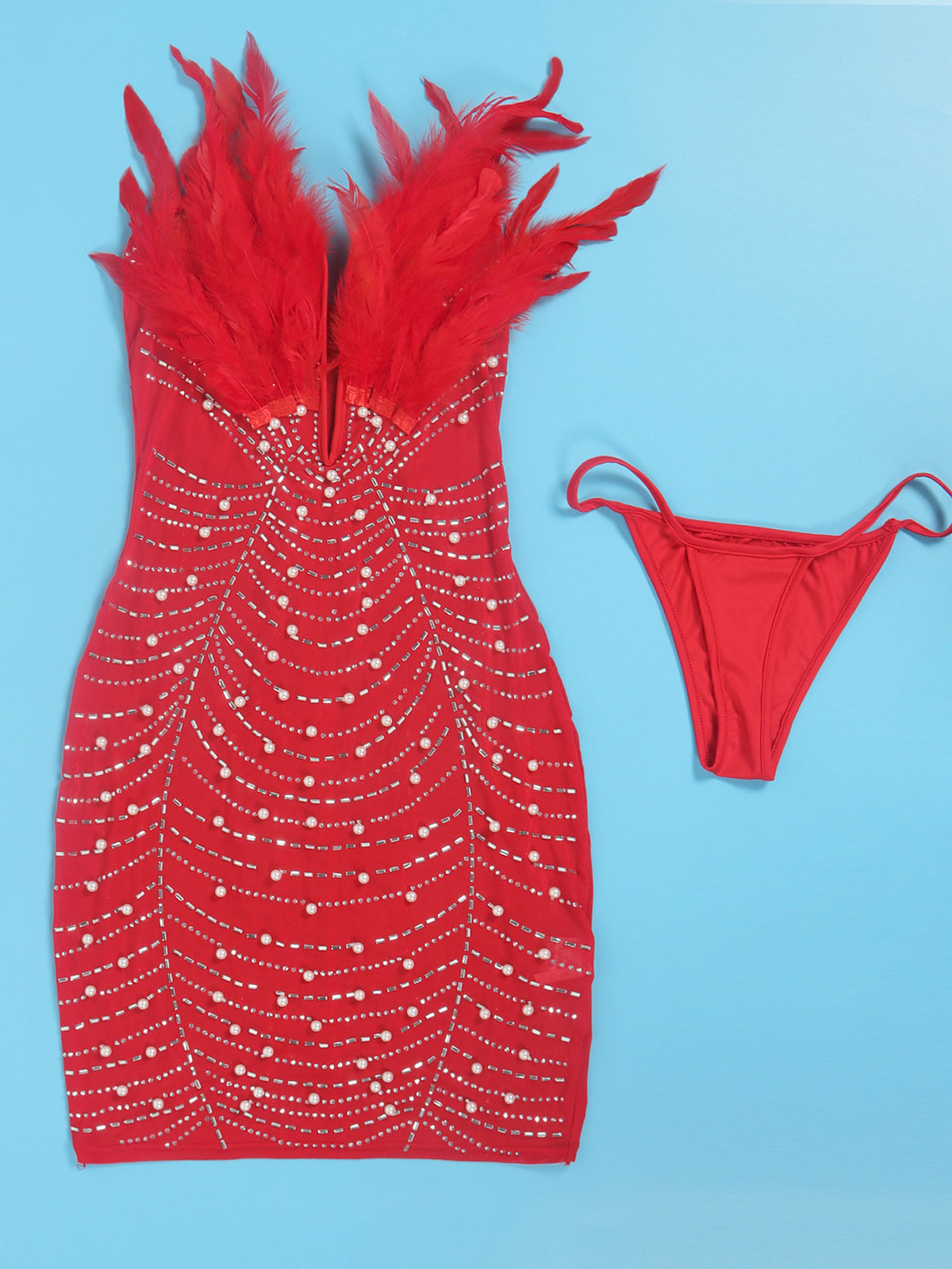 Feather Rhinestone Strapless Mini Dress