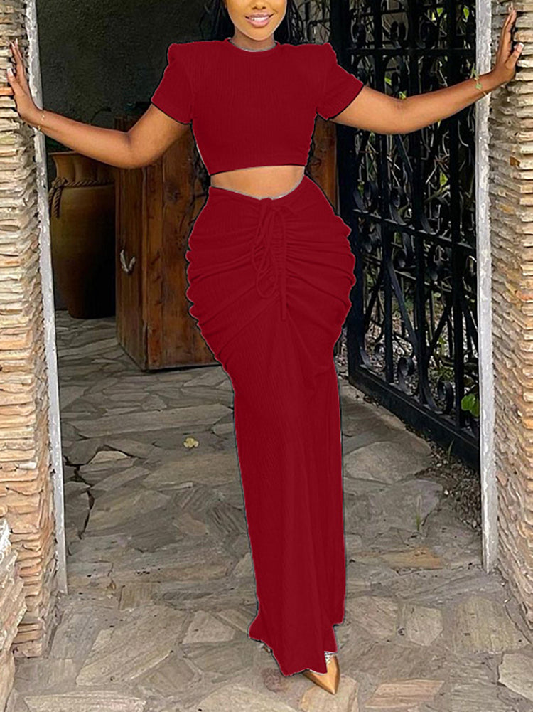 Two Pieces Crop Top Pleated Skirt Sets