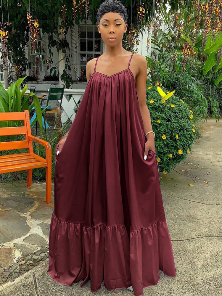 Plus Size Spaghetti Strap Ruffle Beach Maxi Swing Dress