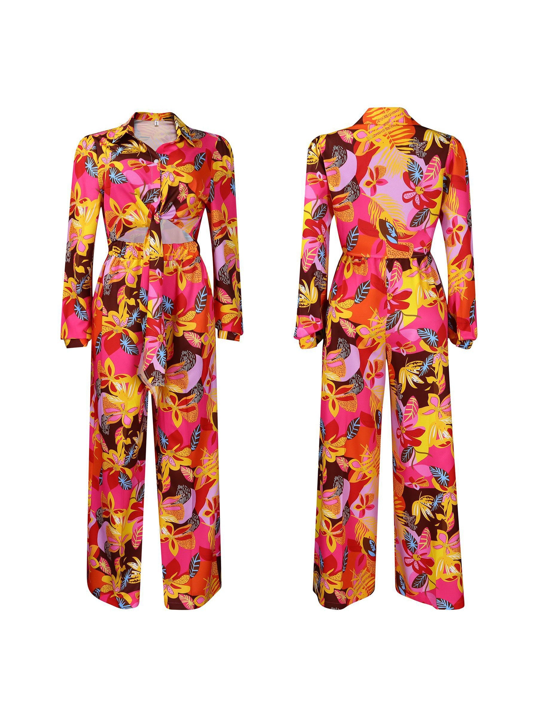 Printed Two-Piece Set with Collar Tie Shirt & Wide-Leg Pants