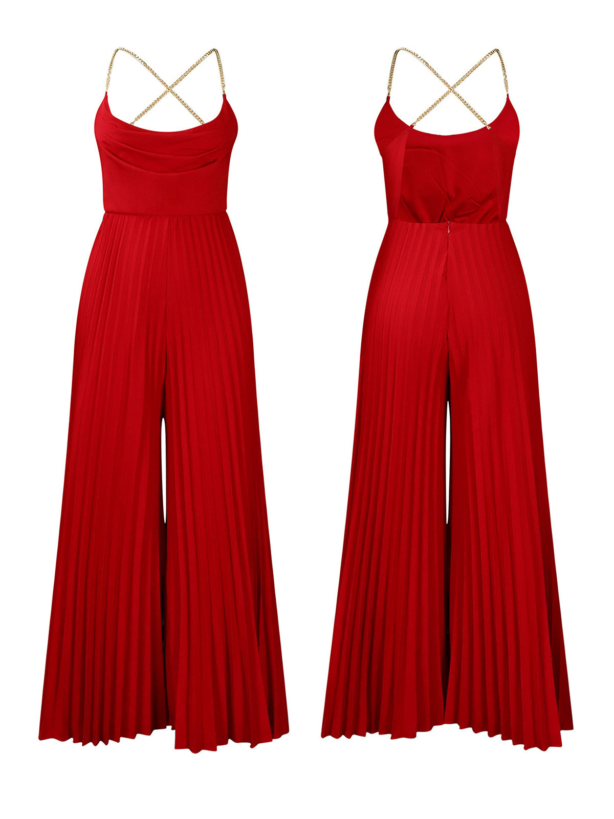 Chain Halter Backless Pleated Jumpsuit