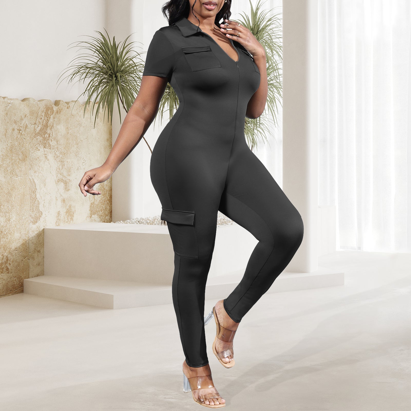 V-Neck Solid Color Bodycon Jumpsuit