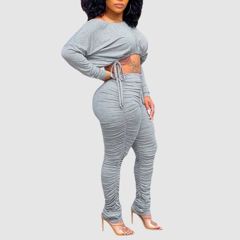 Drawstring Crop Top Pleated Pant Set