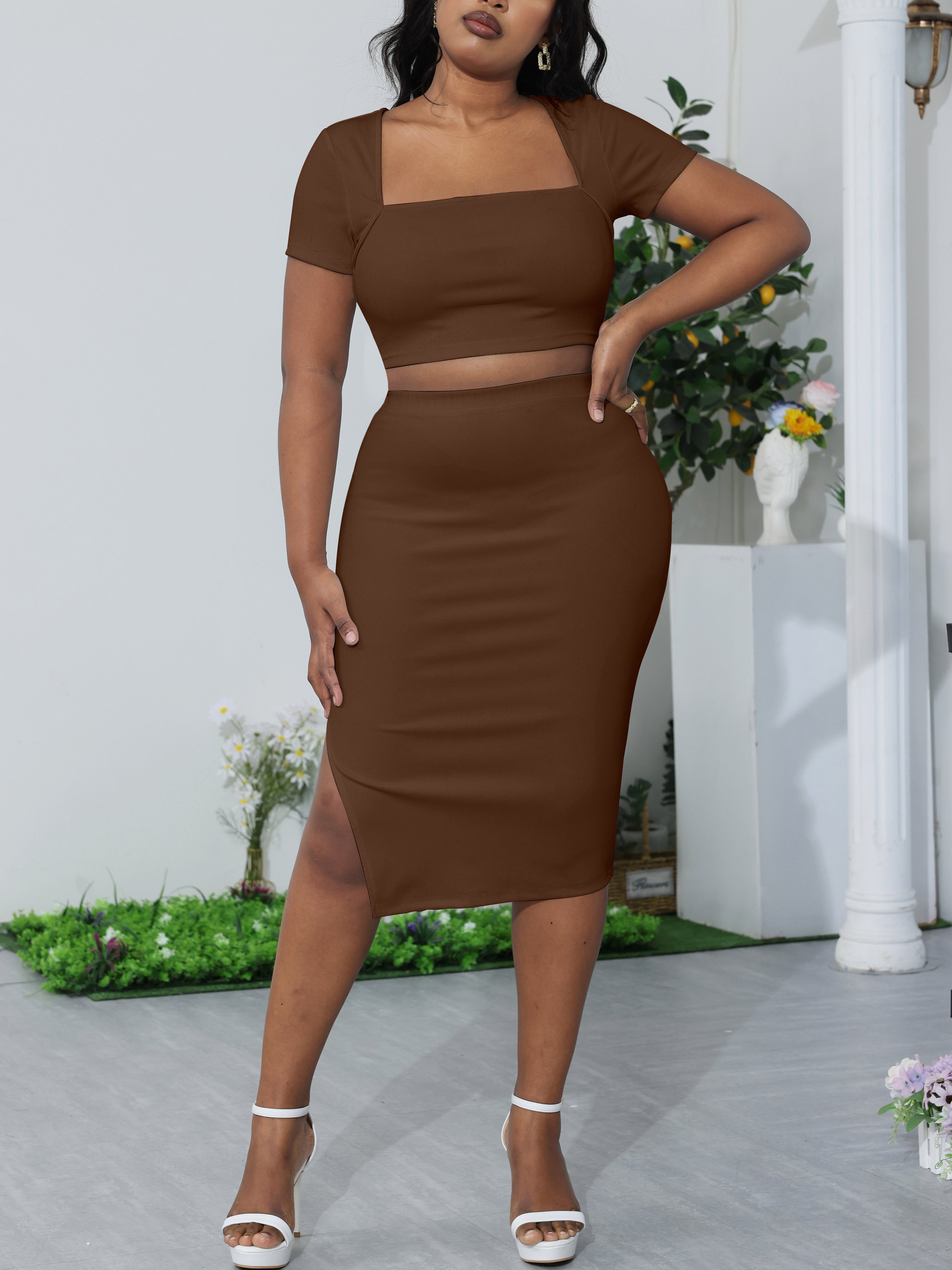 Square Neck Crop Top Side-Slit Midi Skirt