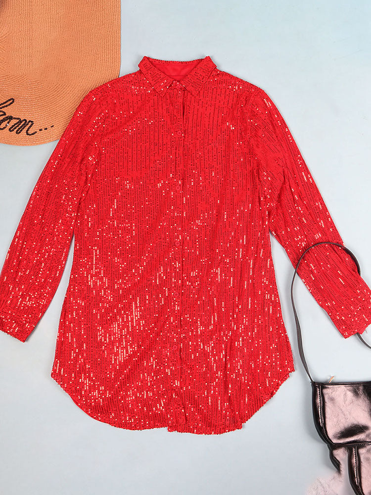 Glitter Sequins Long Sleeve Mini Shirt Dress