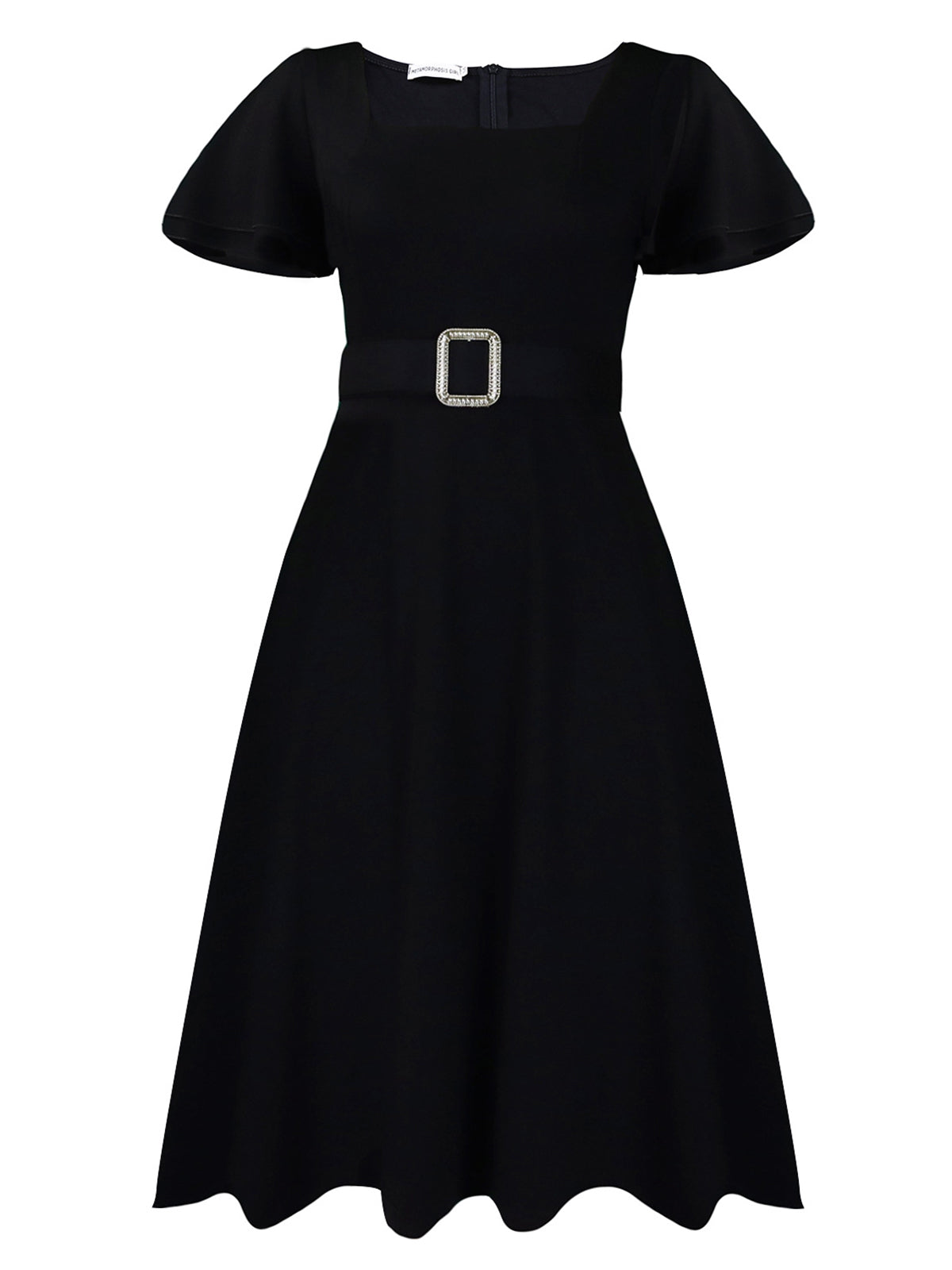 Flared Sleeve Square Neck Midi Dress with Belt