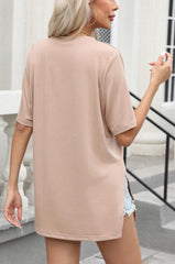 Short Sleeve Side Slit V Neck Top