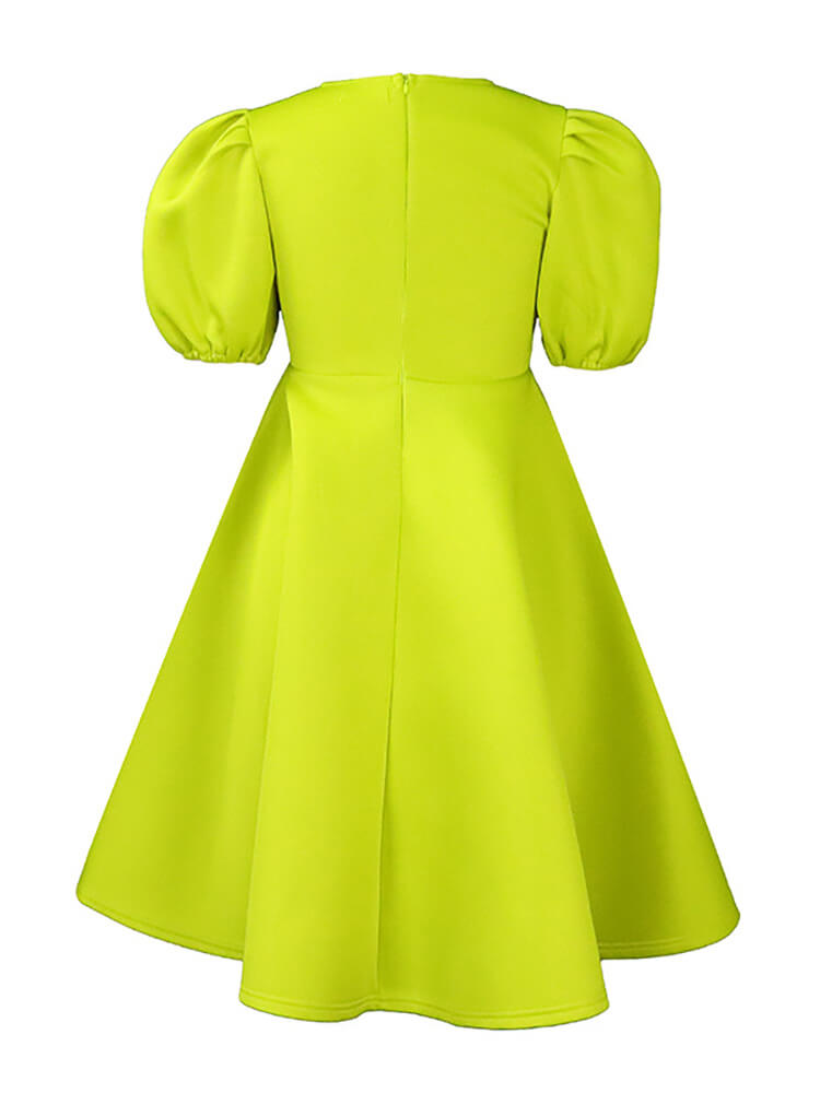 Puff Sleeve Solid Ruched Bodycon Midi Dress